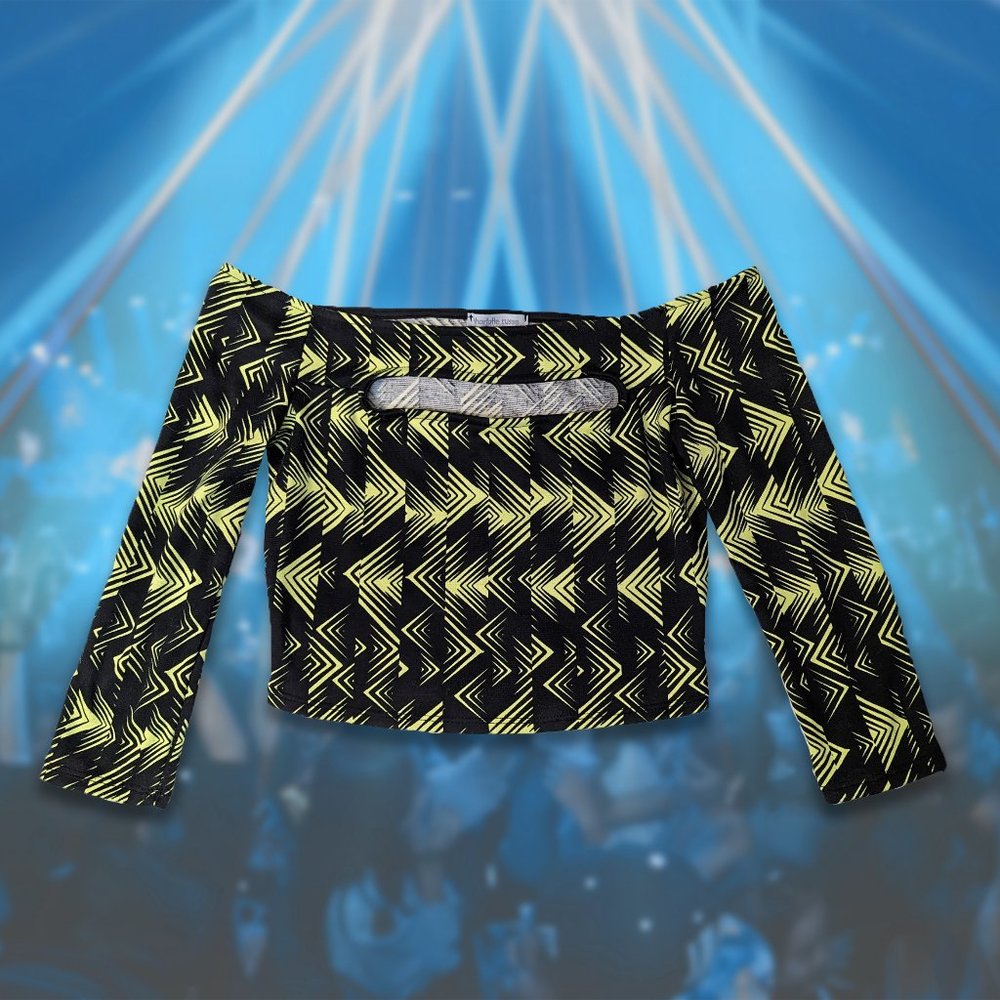 Black and Yellow Rave Top -- 3/4 Sleeve Geometric Off Shoulder Crop Top, Large